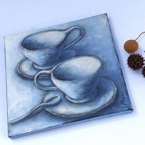 Original Acrylic Painting – “Two Blue Teacups” – 10x10&quot; Canvas – One-of-a-Kind Collectible Art – Kitchen & Home Decor