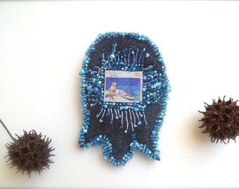 Felt brooch, bead embroidery, pin, hand stitched, wearable textile art, Australian stamp, one of a kind, Gone fishing