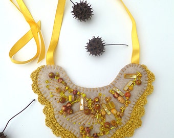 Felt bib necklace, bead embroidery, wearable fiber art, bohemian style, romantic, statement necklace, Fall fantasy