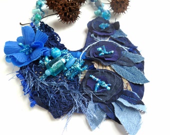 Blue bib necklace, wearable art, bead embroidery, fiber collage, hand stitched, bohemian style, one of a kind, Morning blues