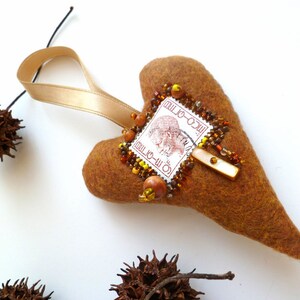 Brown felt heart ornament, fiber art, bead embroidery, hand stitched, Belgian stamp, home decor, collectible heart
