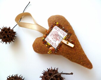 Hand Stitched Felt Heart Ornament: Bead Embroidery, Belgian Stamp
