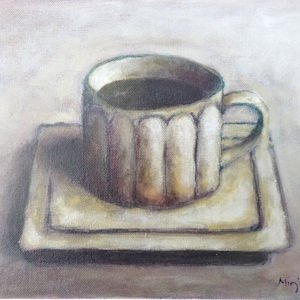 Still life art, Original acrylic painting, Coffee mug with saucer II, canvas panel, home decor, one of a kind, collectible art
