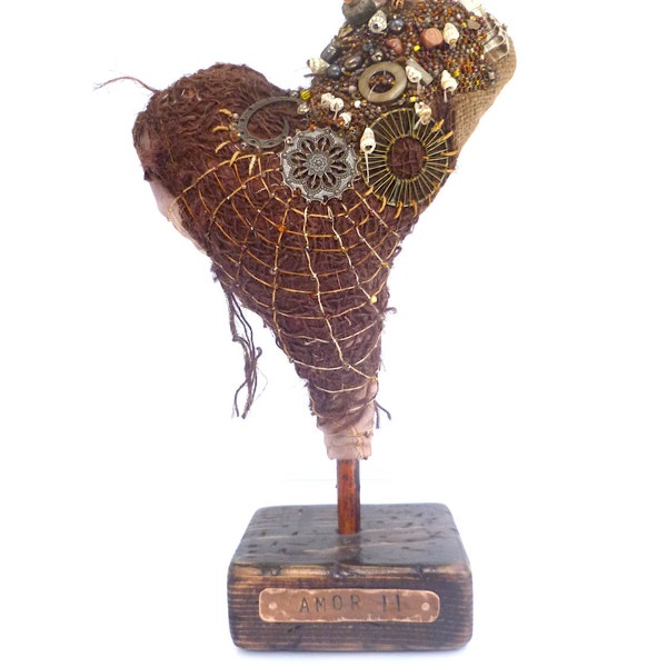 Fiber art heart sculpture bead embroidery home decor fiber collage self standing art object one of a kind, unique Amor II