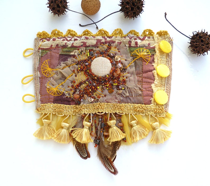Bead embroidery boho style cuff bohemian fiber art yellow image 3