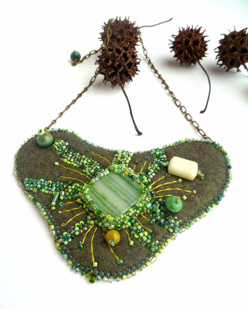 Green Felt Bead Embroidery Bib Necklace Fiber Art Hand Etsy
