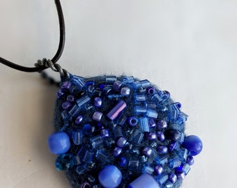 Felted beaded necklace, blue felt, pebble pendant, bead embroidery, hand stitched, unique jewelry, Blue pebble