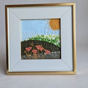 Hand stitched landscape, fabric collage, assemblage, framed table decor, mantel decor, Landscape VI image 6