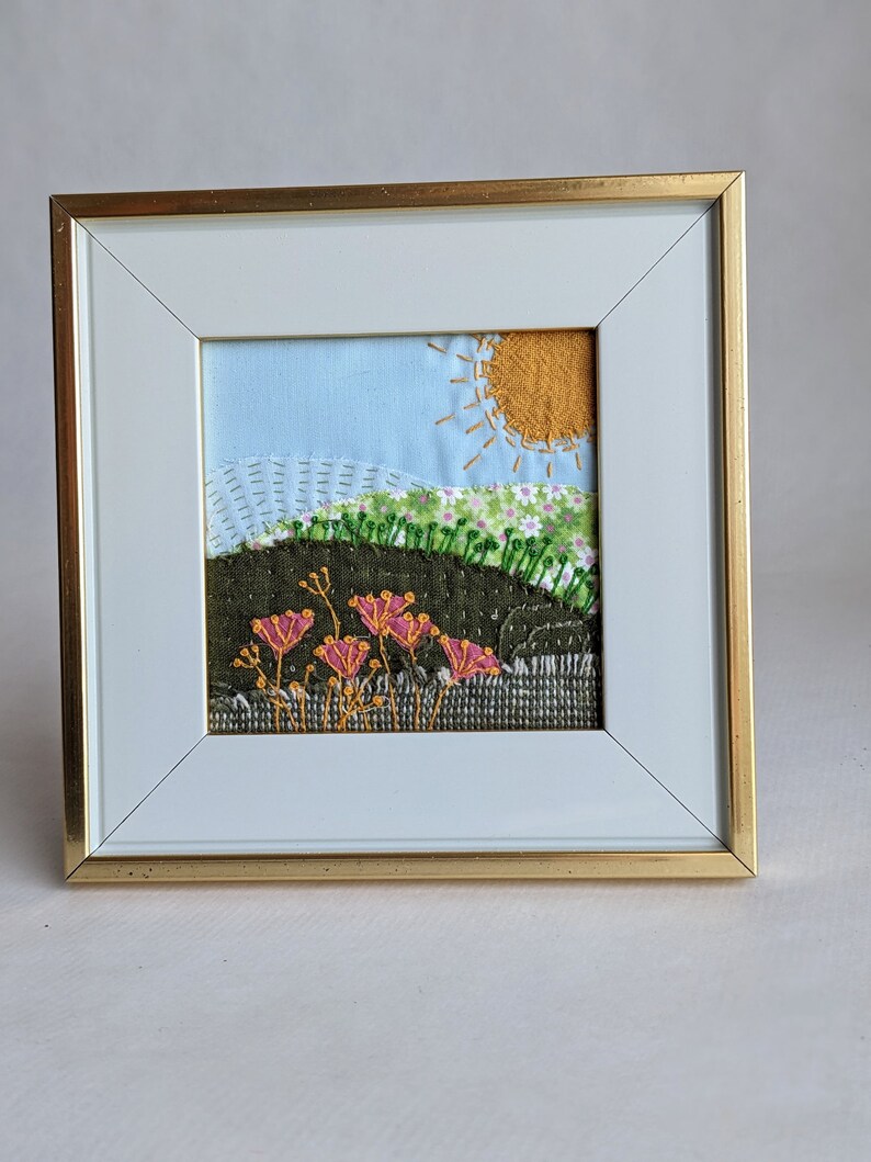 Hand stitched landscape, fabric collage, assemblage, framed table decor, mantel decor, Landscape VI image 6