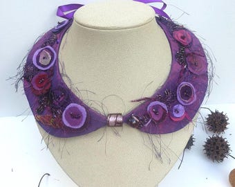 Beaded Fabric Collage Necklace: Bohemian Fiber Art Collar - Peter Pan II