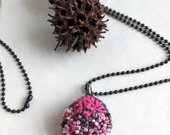 Felted beaded necklace, pebble pendant, bead embroidery, gray necklace, unique jewelry, Charcoal pebble