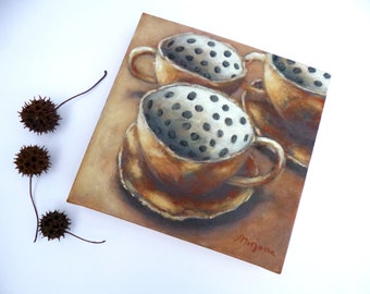 Still life art, Original acrylic painting, tea time, home decor, collectible art, gallery-wrapped canvas, daily painting, Polka dot teacups