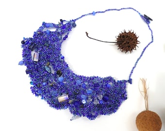 Blue bib necklace, free-form peyote stitch, bead art, romantic jewelry, bohemian style, unique, Blues XII