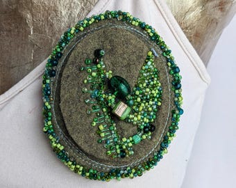 Green Brooch, fiber art, bead embroidery, hand-stitched, statement brooch, romantic, felt, one of a  kind, Green meadow V