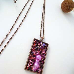 Purple necklace, Purple melange, antique copper bezel pendant, bead embroidery, statement pendant, copper chain image 4