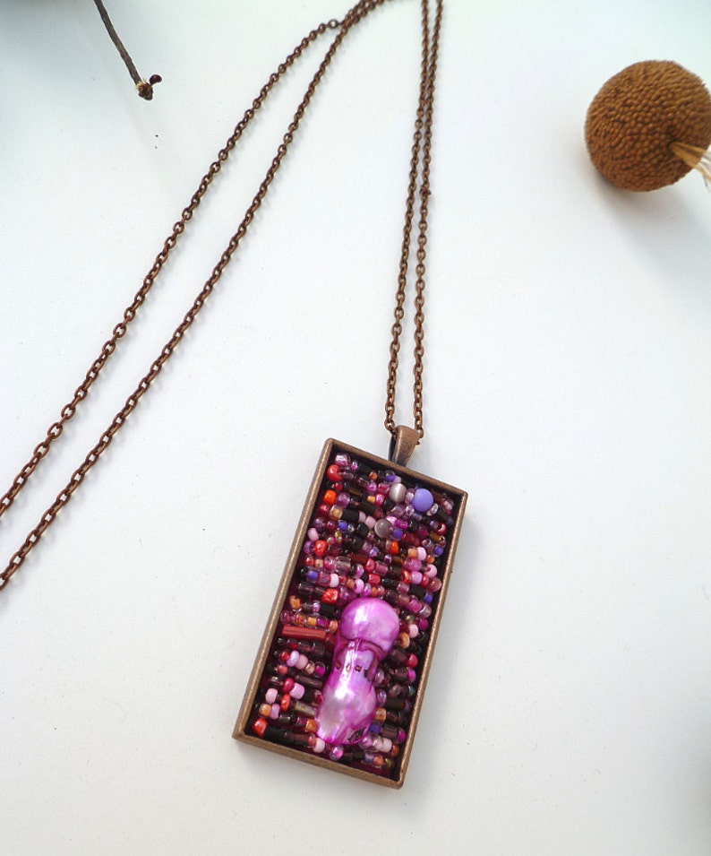 Purple necklace, Purple melange, antique copper bezel pendant, bead embroidery, statement pendant, copper chain image 4