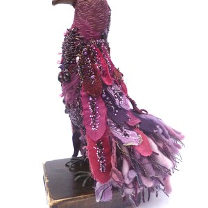 Bird sculpture, home decor, bead embroidery, hand stitched, purple parrot, up cycled, textile art, mixed media artwork, Violette image 5