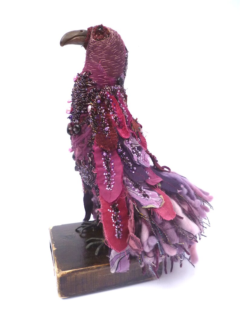 Bird sculpture, home decor, bead embroidery, hand stitched, purple parrot, up cycled, textile art, mixed media artwork, Violette image 5