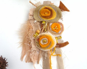 Yellow brooch, wearable art, fabric collage, burlesque, bohemian style corsage, Fantasy XXII