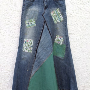 Long jean skirt, upcycled denim, maxi skirt, altered South Pole brand, re-worked denim, patchwork jeans, distressed and frayed, tattered image 1