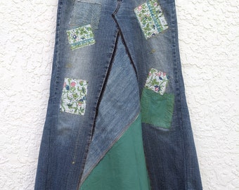 Long jean skirt, upcycled denim, maxi skirt, altered South Pole brand, re-worked denim, patchwork jeans, distressed and frayed, tattered