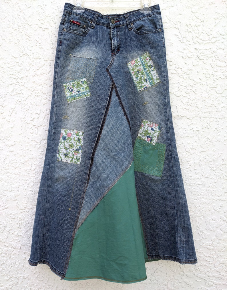 Long jean skirt, upcycled denim, maxi skirt, altered South Pole brand, re-worked denim, patchwork jeans, distressed and frayed, tattered image 1