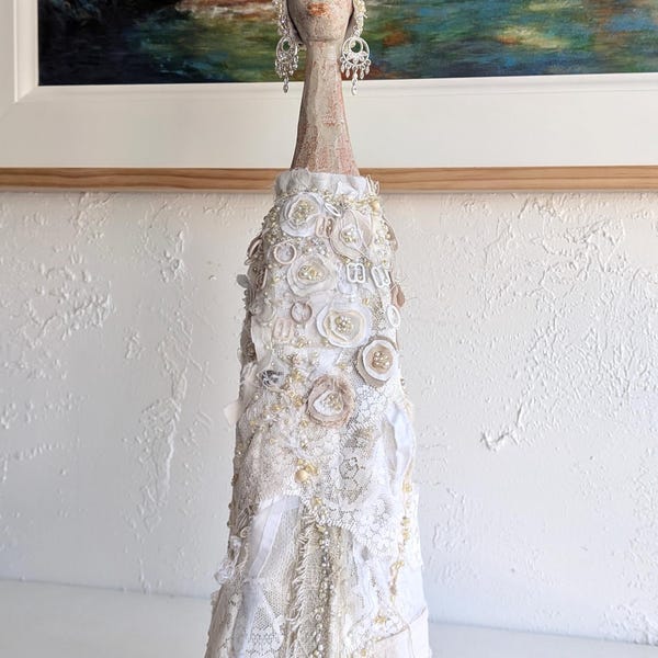 Eira Mixed Media Sculpture | Ethereal White Lace Fiber Art Doll