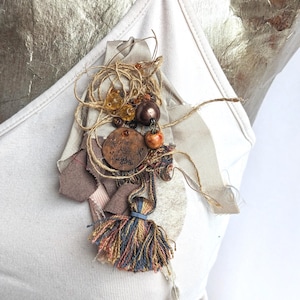 Bohemian Fiber Art Brooch: Hand-Stitched Textile Pin