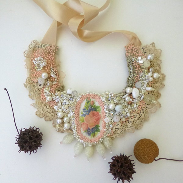 Floral bib necklace, bead embroidery, bohemian style, statement necklace, romantic, textile art, Vintage tales I