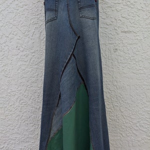 Long jean skirt, upcycled denim, maxi skirt, altered South Pole brand, re-worked denim, patchwork jeans, distressed and frayed, tattered image 8