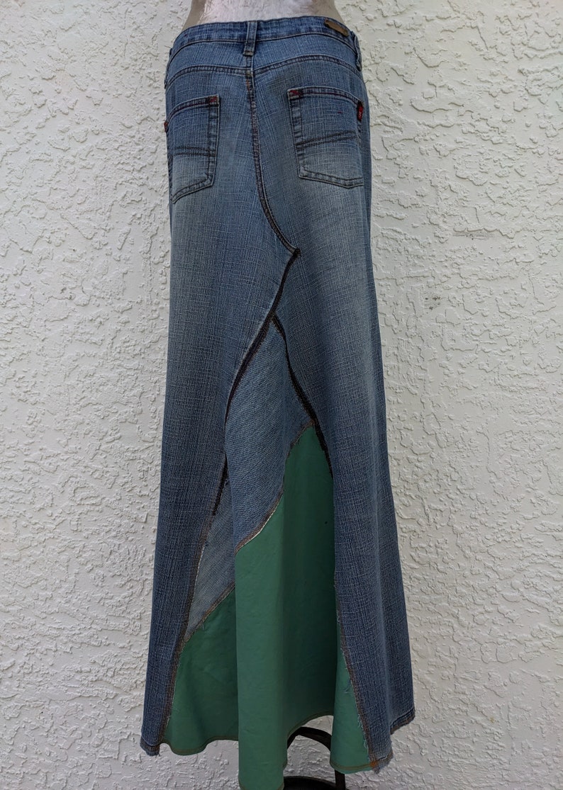 Long jean skirt, upcycled denim, maxi skirt, altered South Pole brand, re-worked denim, patchwork jeans, distressed and frayed, tattered image 8