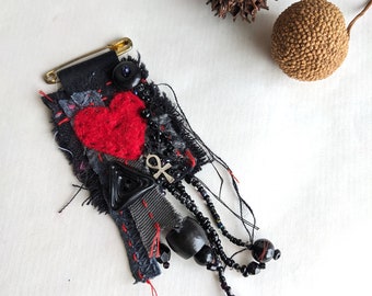 Red heart brooch, fiber art, bohemian style, hand stitched, statement jewelry