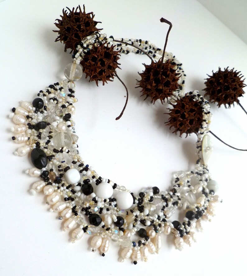 one of a kind Night and day VII black and white beaded art jewelry wearable art bohemian style statement Free form peyote stitch necklace