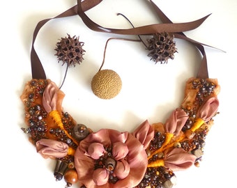 Brown bib necklace, bead embroidery, bohemian style, romantic jewelry, one of a kind, unique, statement jewelry, Vintage tales VII
