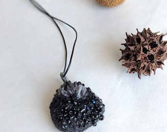Felted beaded necklace, pebble pendant, bead embroidery, hand stitched, unique jewelry, Charcoal pebble