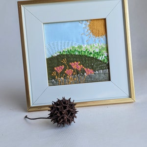 Hand stitched landscape, fabric collage, assemblage, framed table decor, mantel decor, Landscape VI image 2