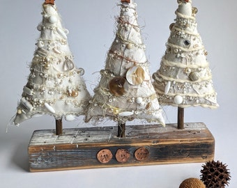 Christmas tree, soft sculpture, mantel decor, collectible art, fiber art, home decor, Let it snow