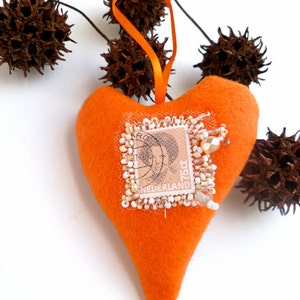 Orange heart, felt ornament, home decor, felt heart, bead embroidery, textile art, one of a kind, unique, decorative, Queen Beatrix image 1