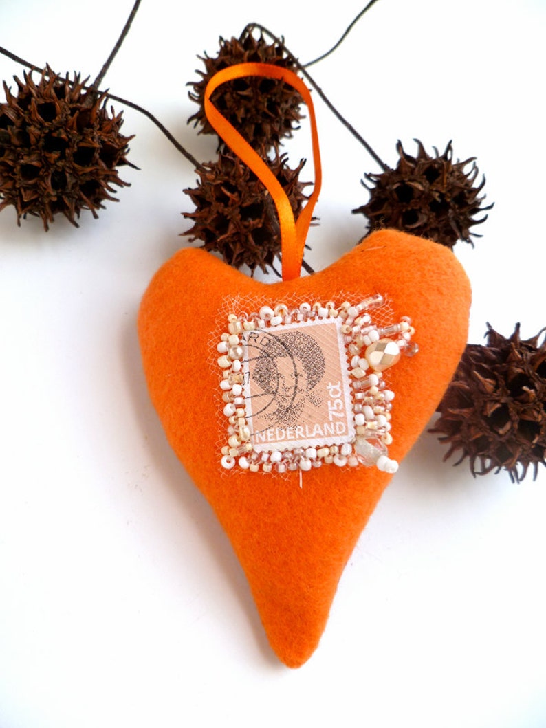 Orange heart, felt ornament, home decor, felt heart, bead embroidery, textile art, one of a kind, unique, decorative, Queen Beatrix image 1