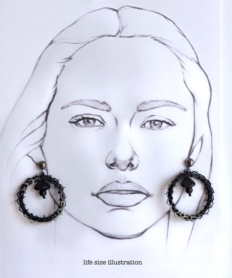 Black hoop earrings, bohemian style, fiber art, statement earrings, romantic, wearable textile art, yarn wrapped image 6
