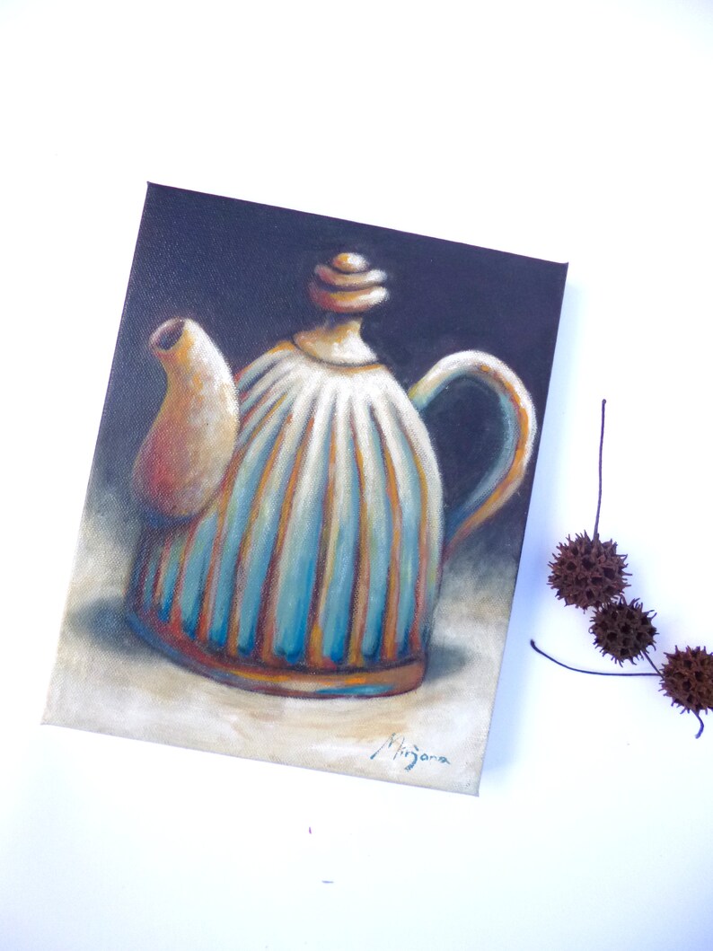 Original acrylic painting Striped Teapot II canvas home decor Etsy