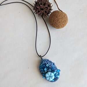 Felted beaded necklace, blue felt, pebble pendant, bead embroidery, hand stitched, unique jewelry, Blue pebble image 6