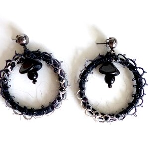 Black hoop earrings, bohemian style, fiber art, statement earrings, romantic, wearable textile art, yarn wrapped image 4