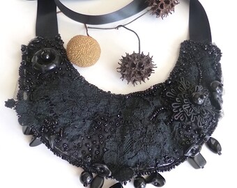 Black bib necklace, bead embroidery, wearable fiber art, bohemian style,  statement jewelry, romantic, Vintage tales X