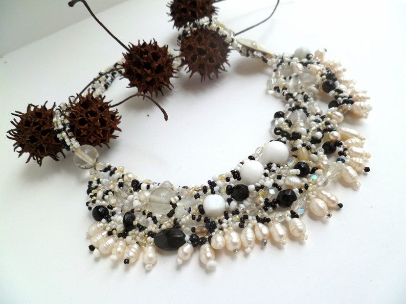 one of a kind Night and day VII black and white beaded art jewelry wearable art bohemian style statement Free form peyote stitch necklace