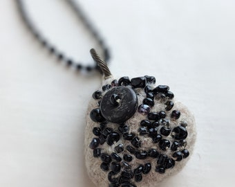 Felt necklace, Felted beaded pebble necklace, hand stitched, bead embroidery, Beige pebble