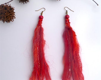 Red tassel earrings, fiber art, bohemian style, wearable art, handmade