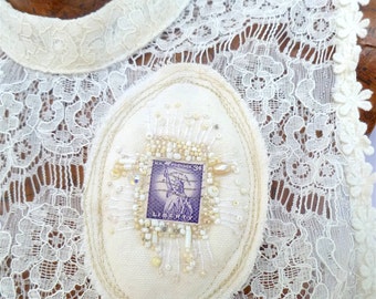 Liberty Stamp Brooch: Handstitched Fiber Art Pin, Bead Embroidery
