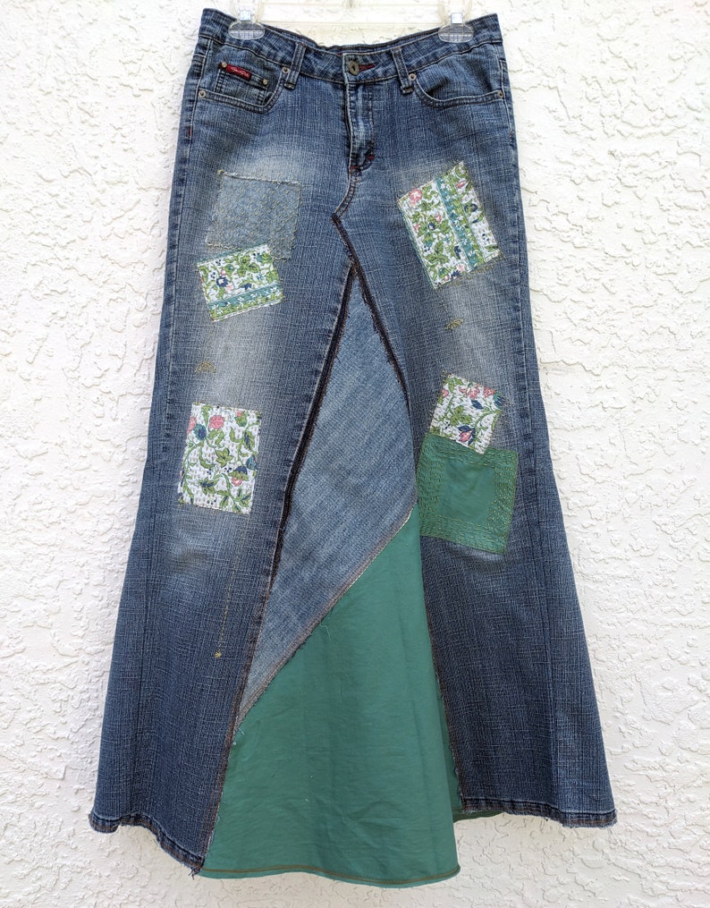 Long jean skirt, upcycled denim, maxi skirt, altered South Pole brand, re-worked denim, patchwork jeans, distressed and frayed, tattered image 2