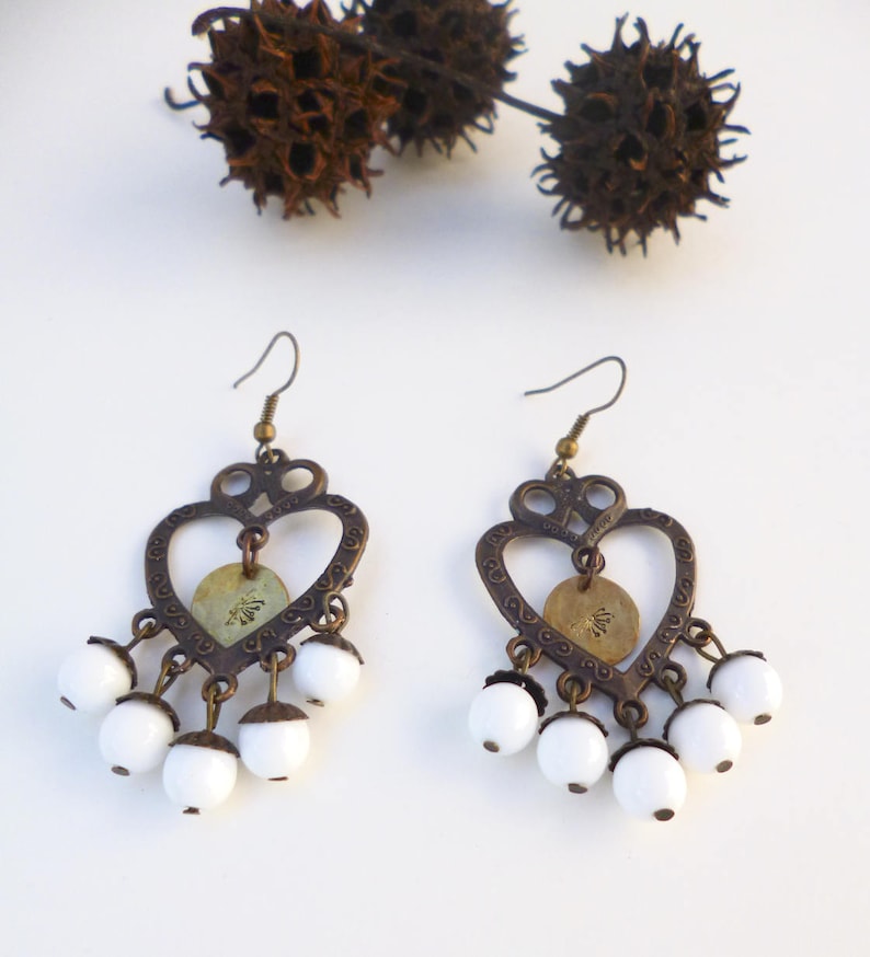one of a kind Dandelion stamped white copper chandelier earrings bohemian style statement jewelry fashion trendy